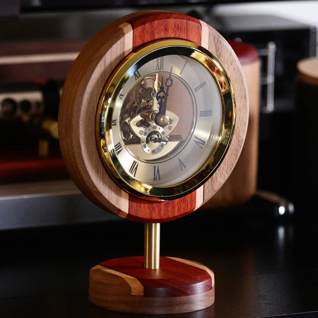 Another clock! Made the base round on this one #clock #padauk #maple #walnut #brass #makestuff #makeeverything #gift #giftideas #christmas
