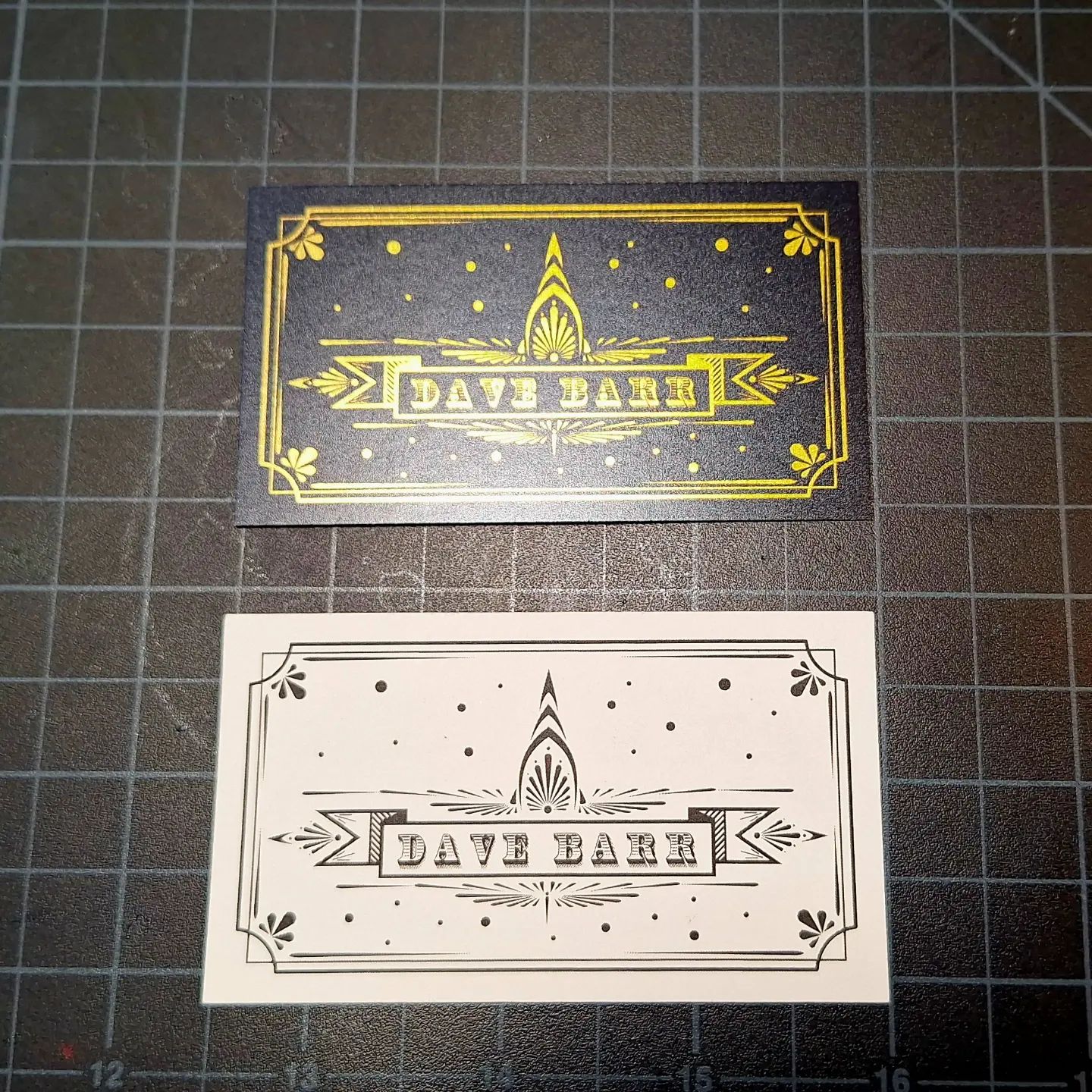 A while ago I got bored and made a business card, hard to see the gold foil version so I posted the black and white version for clarity.